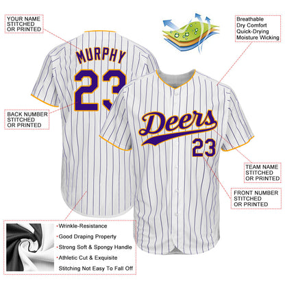 Custom White Purple Pinstripe Purple-Gold Authentic Baseball Jersey - Sky-Custom