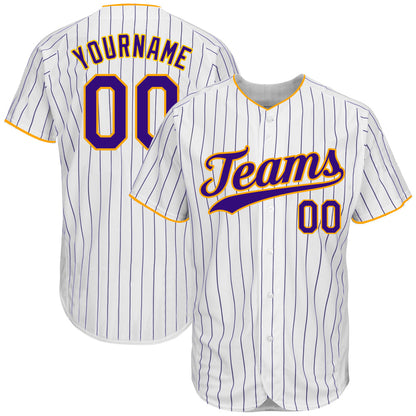 Custom White Purple Pinstripe Purple-Gold Authentic Baseball Jersey - Sky-Custom