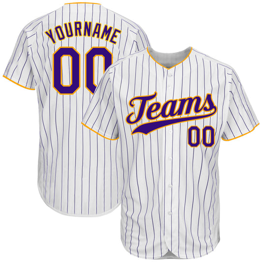 Custom White Purple Pinstripe Purple-Gold Authentic Baseball Jersey - Sky-Custom