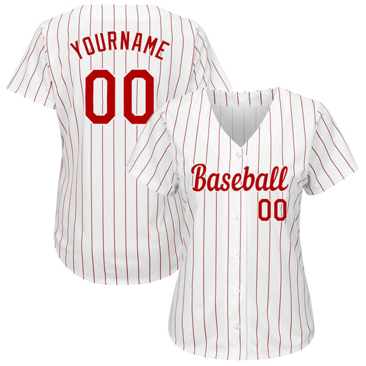 Custom White Red Pinstripe Red-White Authentic Baseball Jersey - Sky-Custom