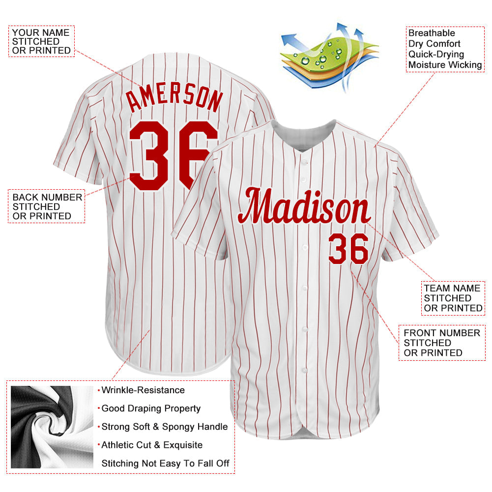 Custom White Red Pinstripe Red-White Authentic Baseball Jersey - Sky-Custom