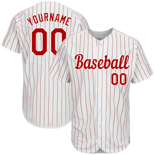 Custom White Red Pinstripe Red-White Authentic Baseball Jersey - Sky-Custom