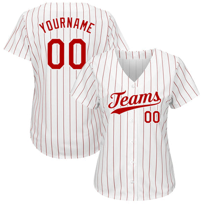 Custom White Red Pinstripe Red-White Authentic Baseball Jersey - Sky-Custom