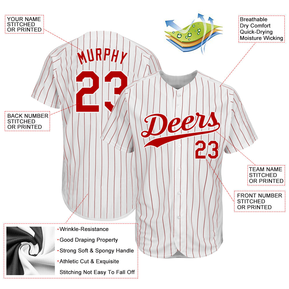 Custom White Red Pinstripe Red-White Authentic Baseball Jersey - Sky-Custom