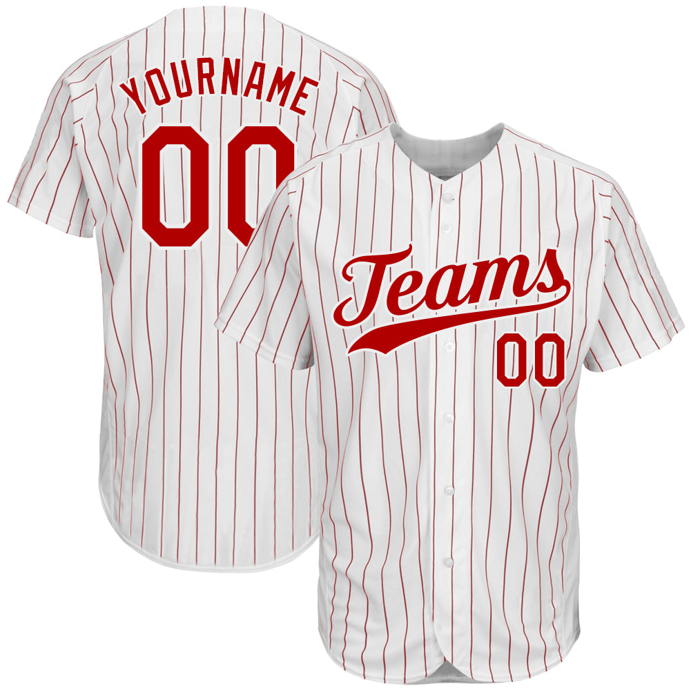 Custom White Red Pinstripe Red-White Authentic Baseball Jersey - Sky-Custom
