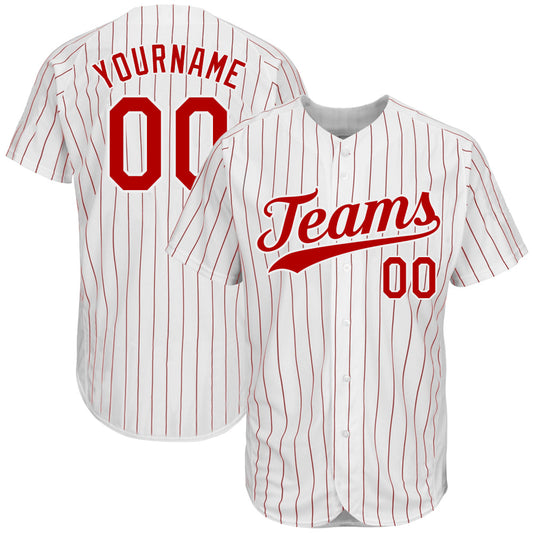 Custom White Red Pinstripe Red-White Authentic Baseball Jersey - Sky-Custom