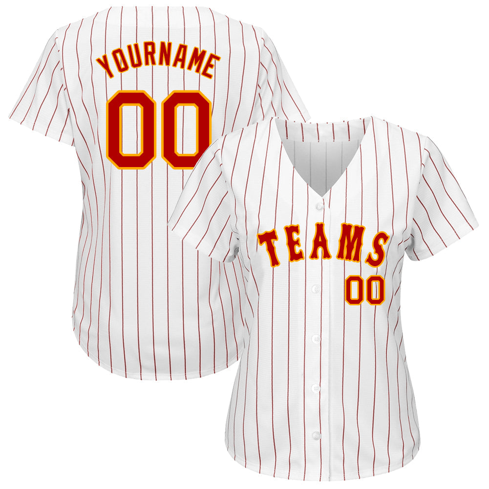 Custom White Red Pinstripe Red-Gold Authentic Baseball Jersey - Sky-Custom