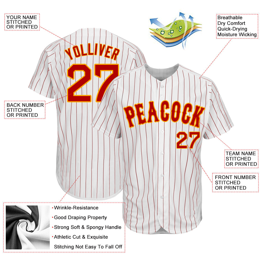 Custom White Red Pinstripe Red-Gold Authentic Baseball Jersey - Sky-Custom