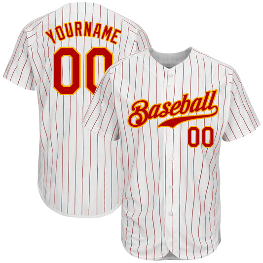 Custom White Red Pinstripe Red-Gold Authentic Baseball Jersey - Sky-Custom