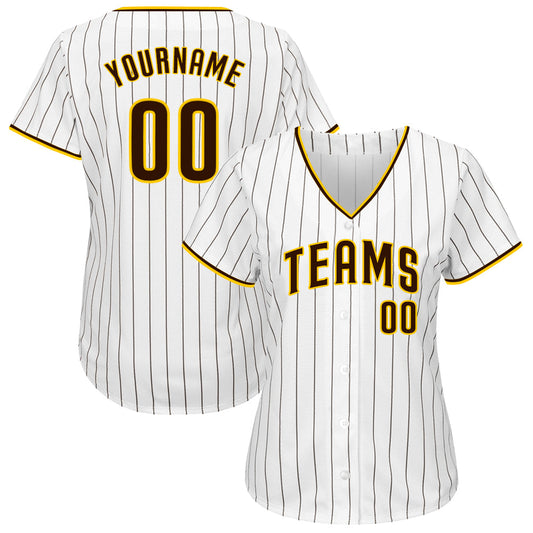 Custom White Brown Pinstripe Brown-Gold Authentic Baseball Jersey - Sky-Custom