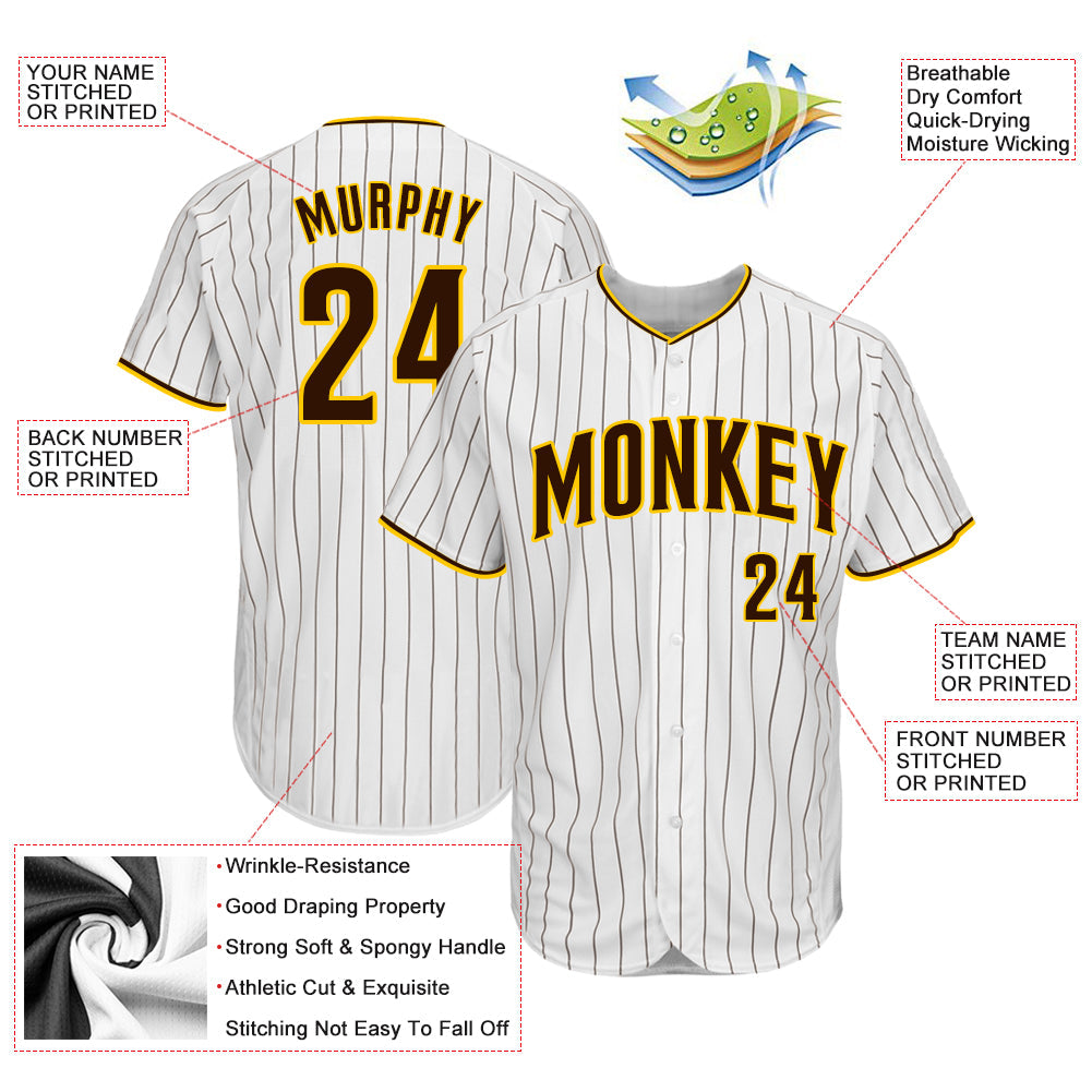 Custom White Brown Pinstripe Brown-Gold Authentic Baseball Jersey - Sky-Custom