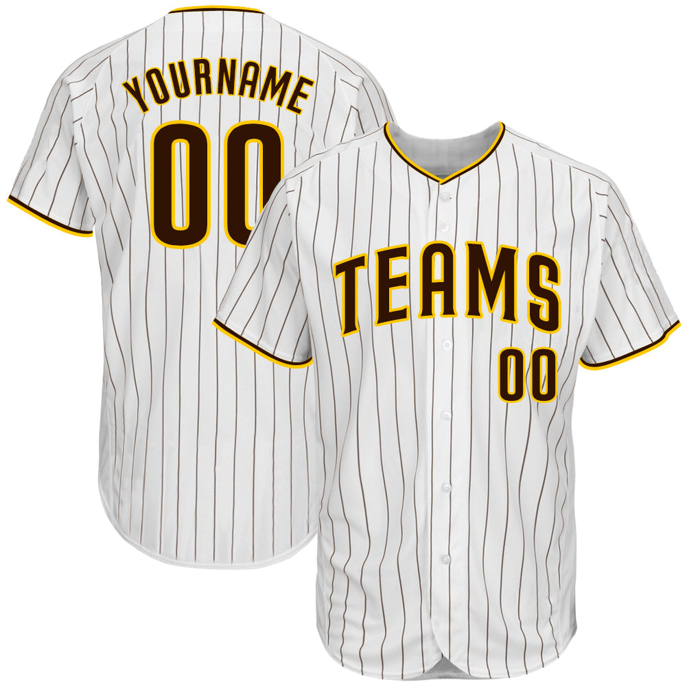 Custom White Brown Pinstripe Brown-Gold Authentic Baseball Jersey - Sky-Custom