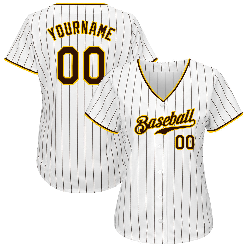 Custom White Brown Pinstripe Brown-Gold Authentic Baseball Jersey - Sky-Custom