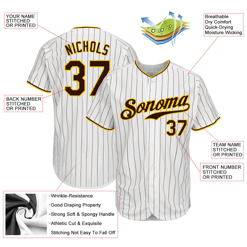Custom White Brown Pinstripe Brown-Gold Authentic Baseball Jersey - Sky-Custom