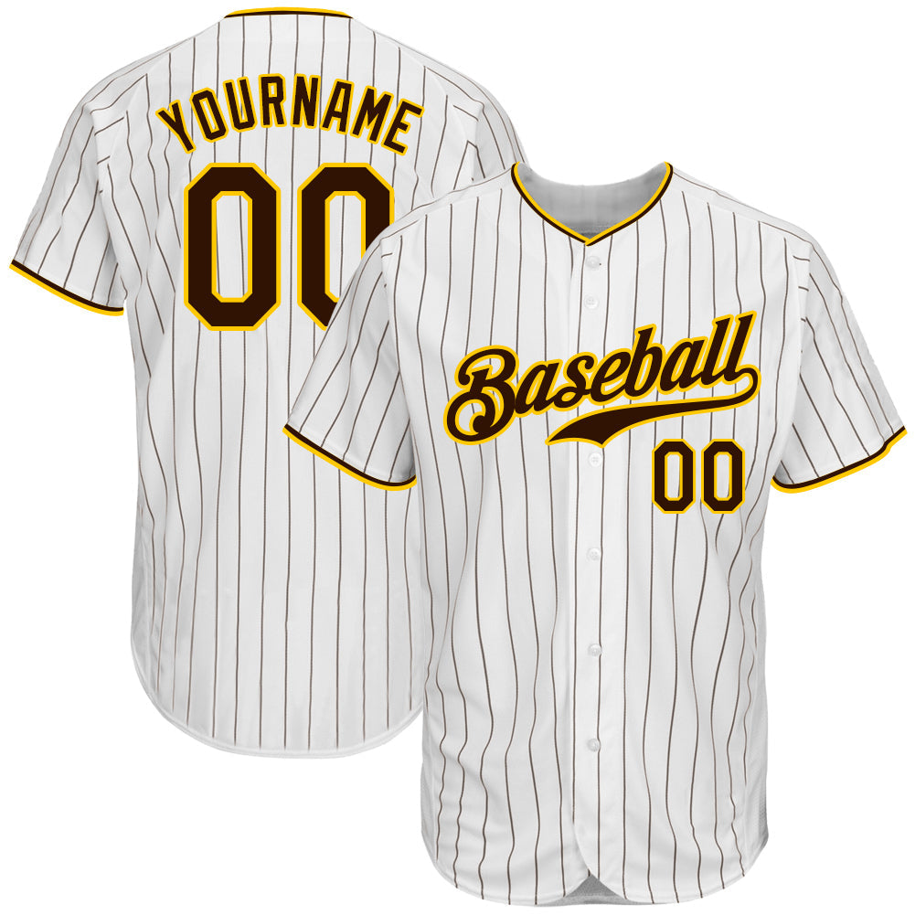 Custom White Brown Pinstripe Brown-Gold Authentic Baseball Jersey - Sky-Custom