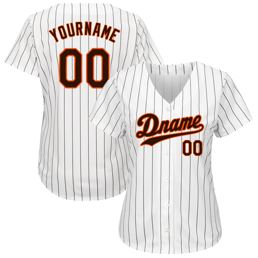 Custom White Brown Pinstripe Brown-Orange Authentic Baseball Jersey - Sky-Custom