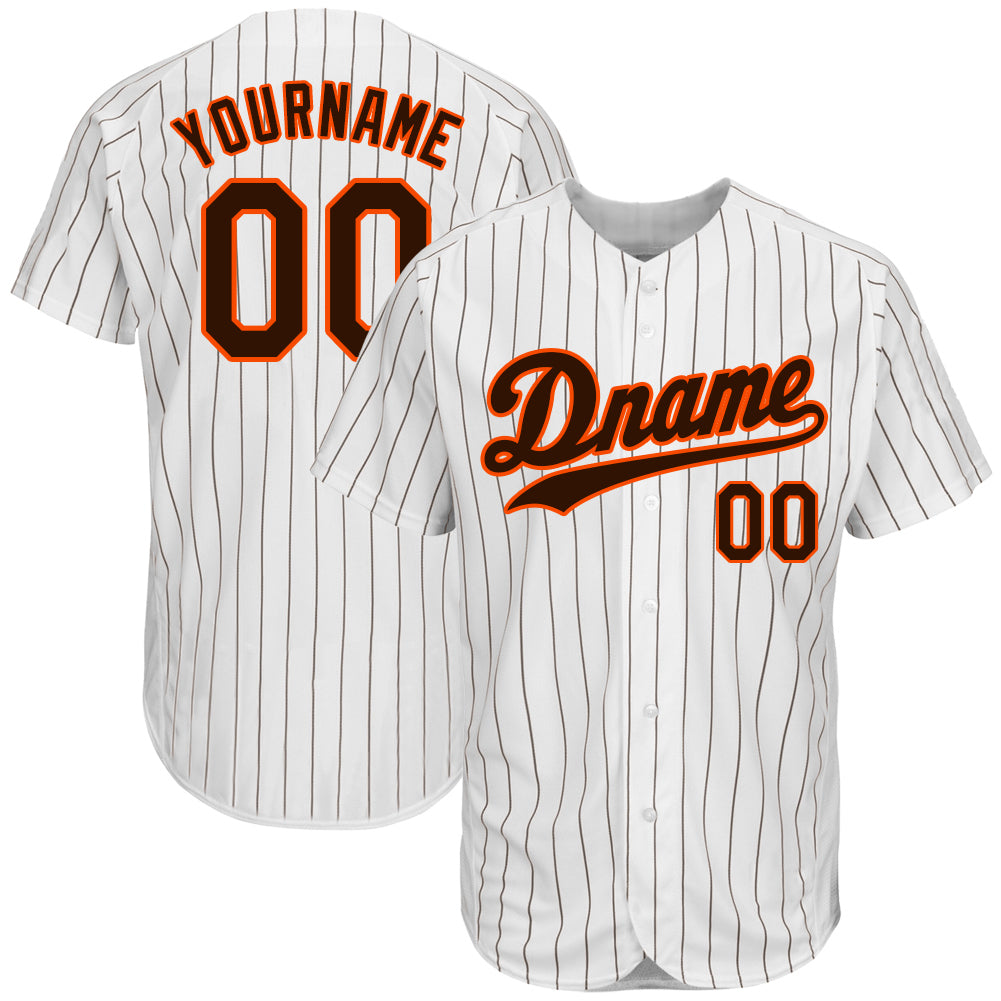 Custom White Brown Pinstripe Brown-Orange Authentic Baseball Jersey - Sky-Custom