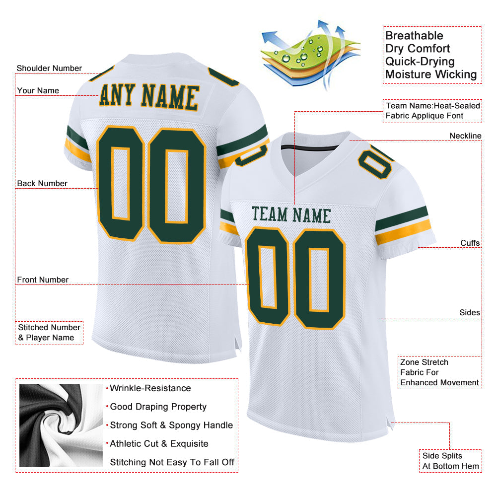 Custom White Green-Gold Mesh Authentic Football Jersey - Sky-Custom