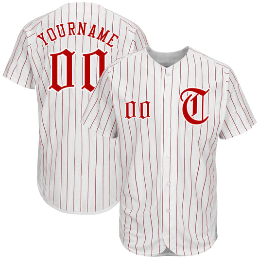 Custom White Red Pinstripe Red-White Authentic Baseball Jersey - Sky-Custom