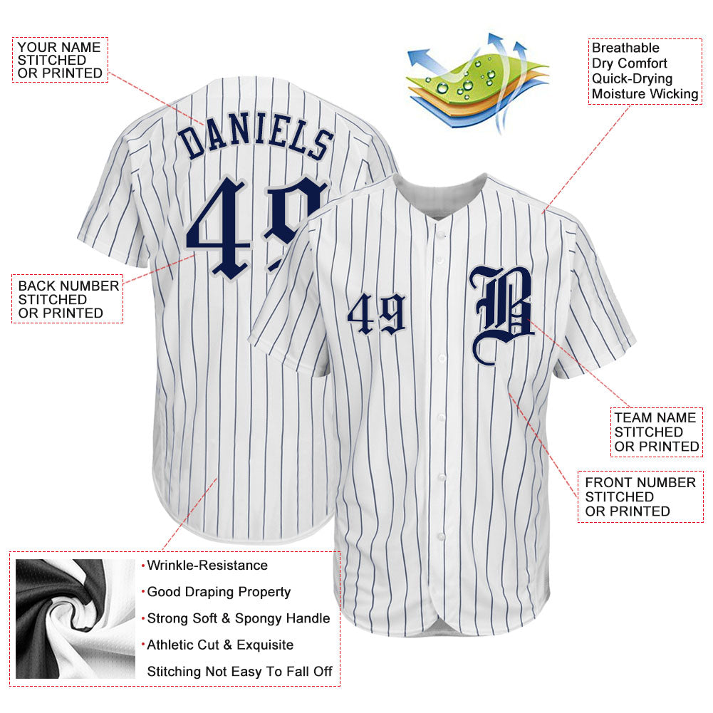 Custom White Navy Pinstripe Navy-Gray Authentic Baseball Jersey - Sky-Custom