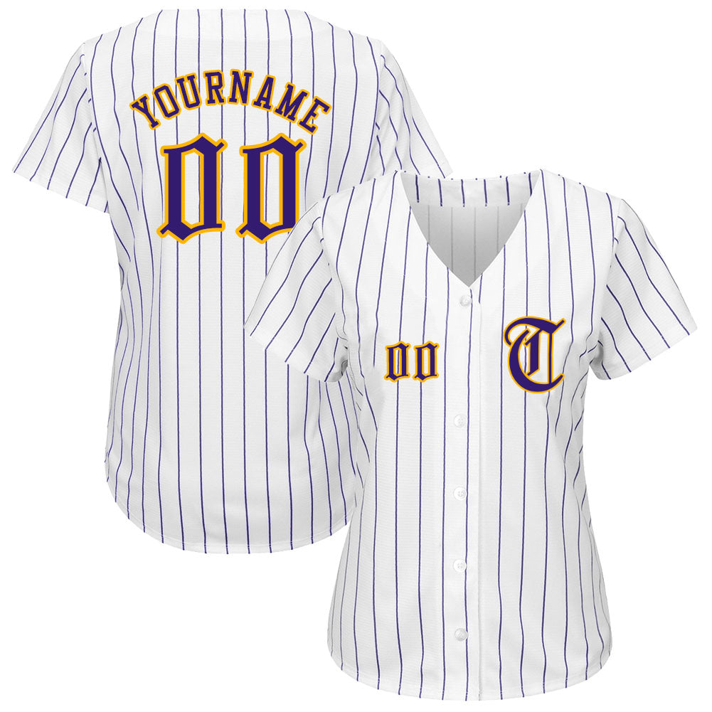 Custom White Purple Pinstripe Purple-Gold Authentic Baseball Jersey - Sky-Custom