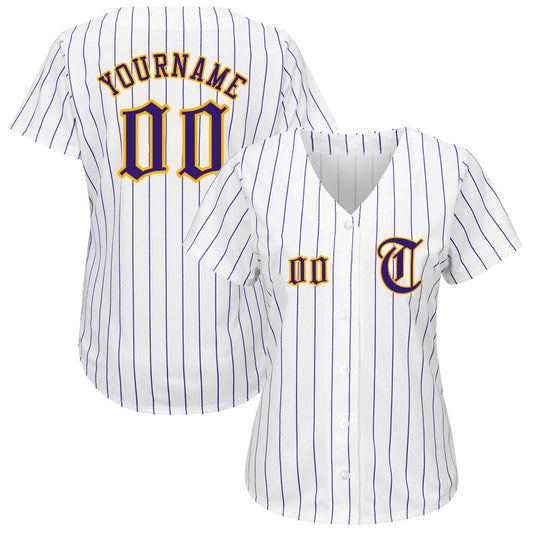 Custom White Purple Pinstripe Purple-Gold Authentic Baseball Jersey - Sky-Custom