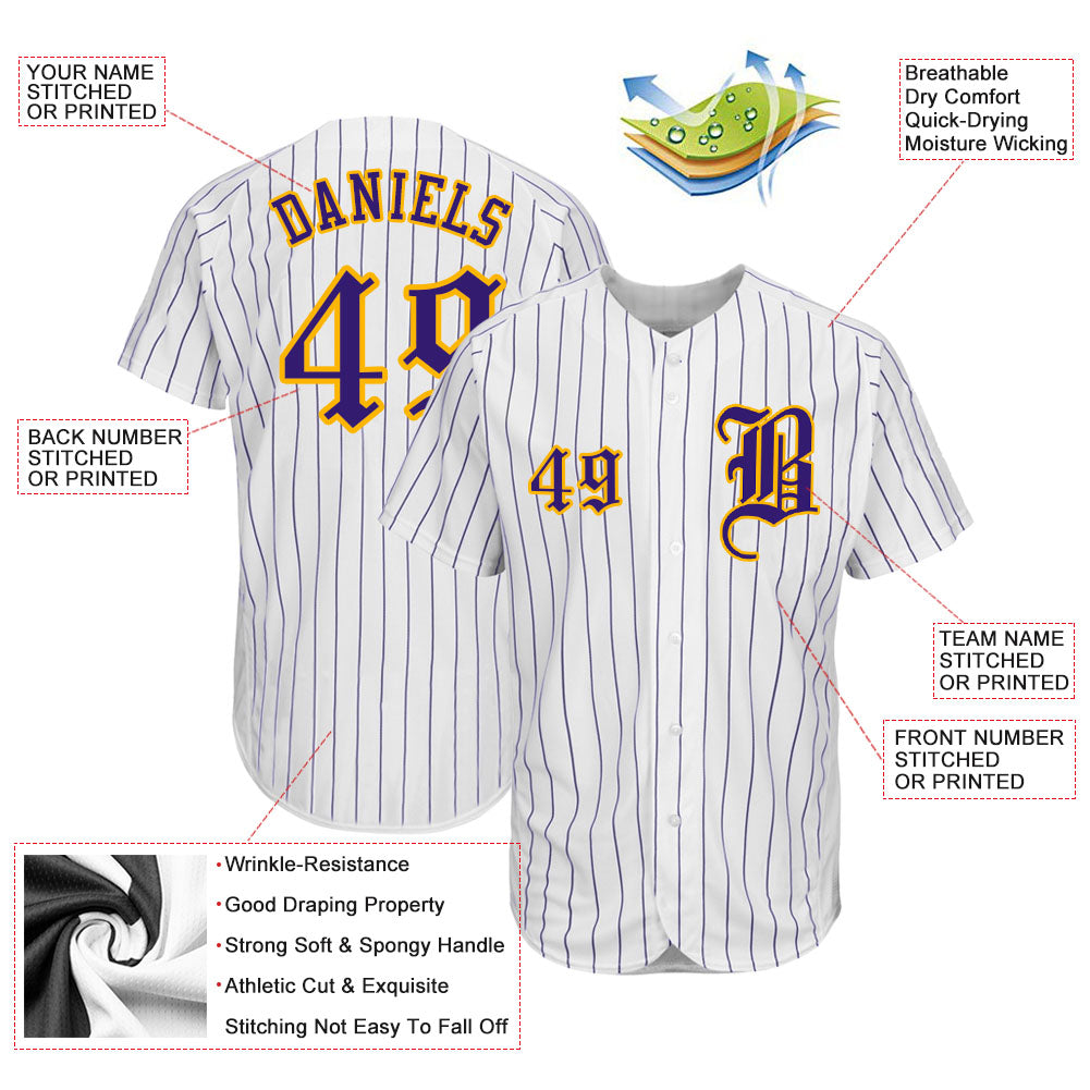 Custom White Purple Pinstripe Purple-Gold Authentic Baseball Jersey - Sky-Custom