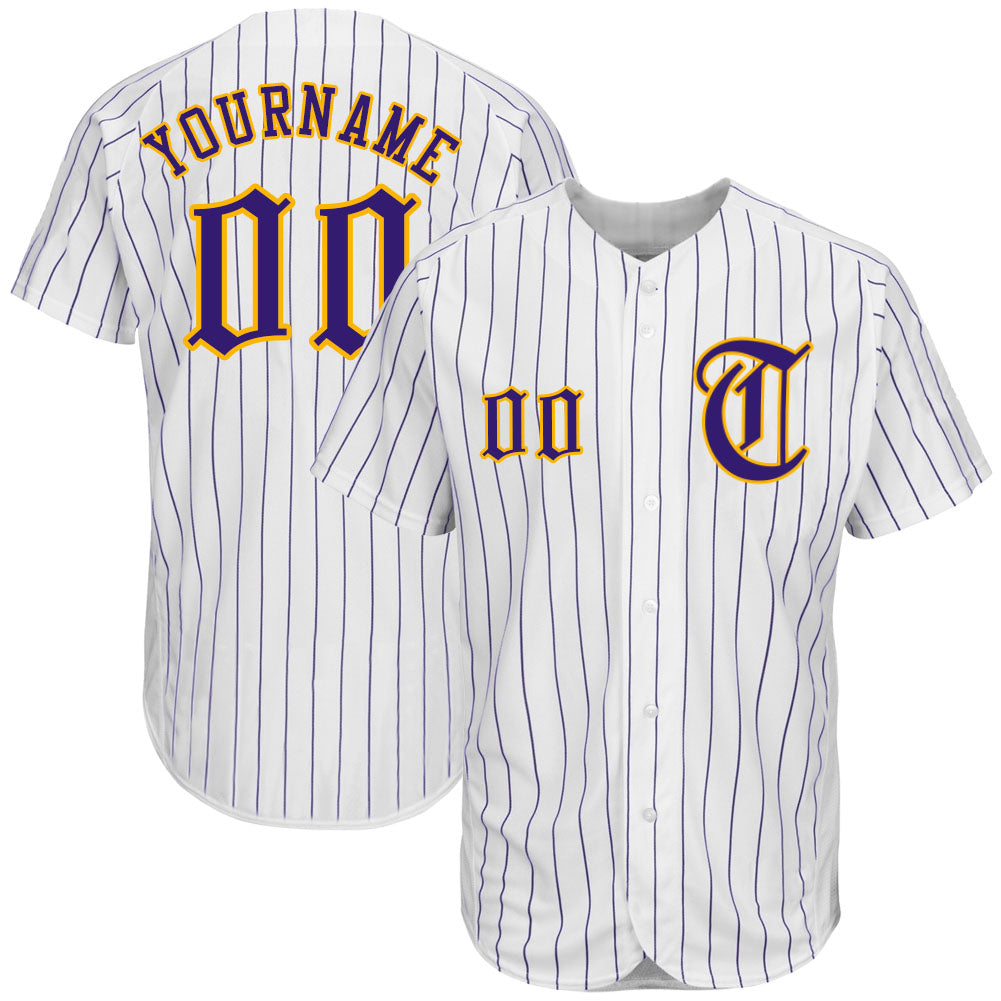 Custom White Purple Pinstripe Purple-Gold Authentic Baseball Jersey - Sky-Custom