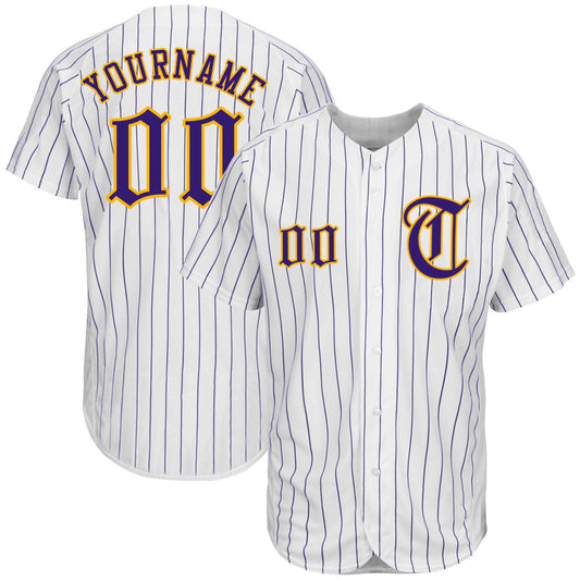 Custom White Purple Pinstripe Purple-Gold Authentic Baseball Jersey - Sky-Custom