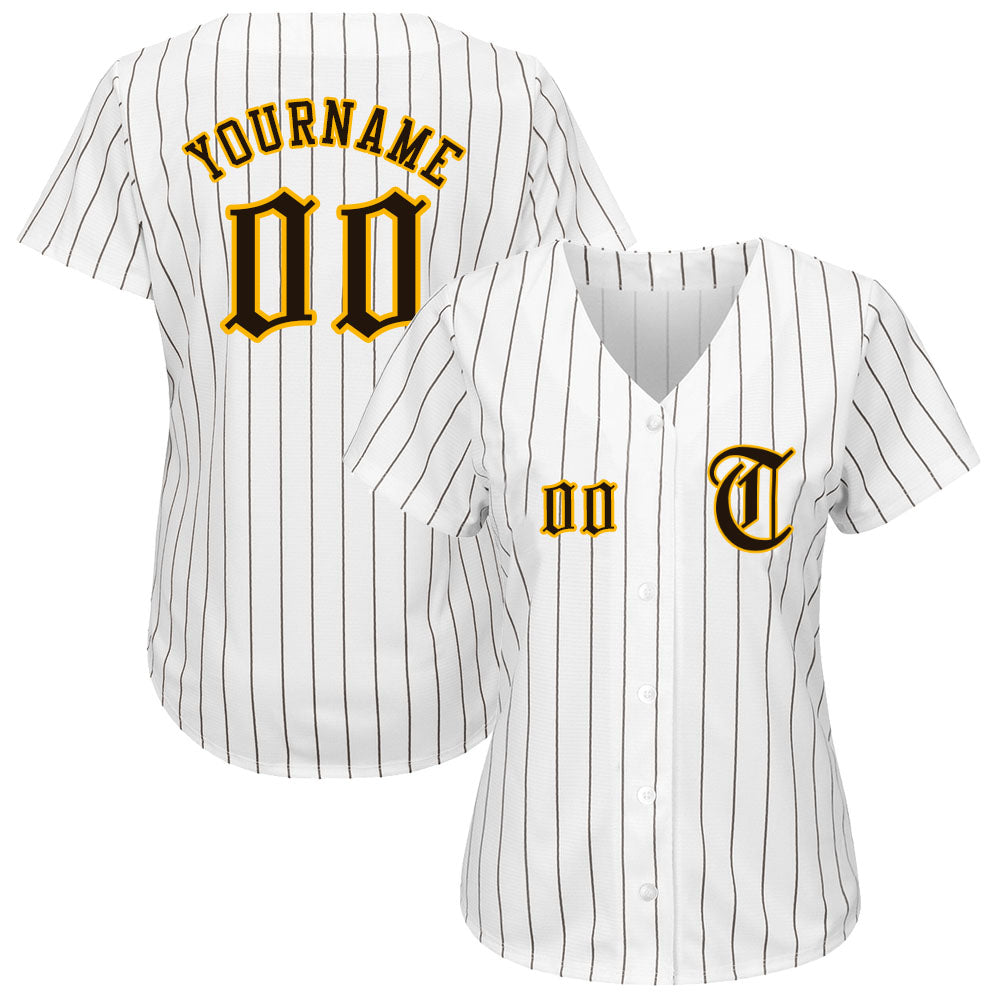 Custom White Brown Pinstripe Brown-Gold Authentic Baseball Jersey - Sky-Custom