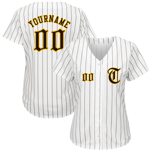 Custom White Brown Pinstripe Brown-Gold Authentic Baseball Jersey - Sky-Custom