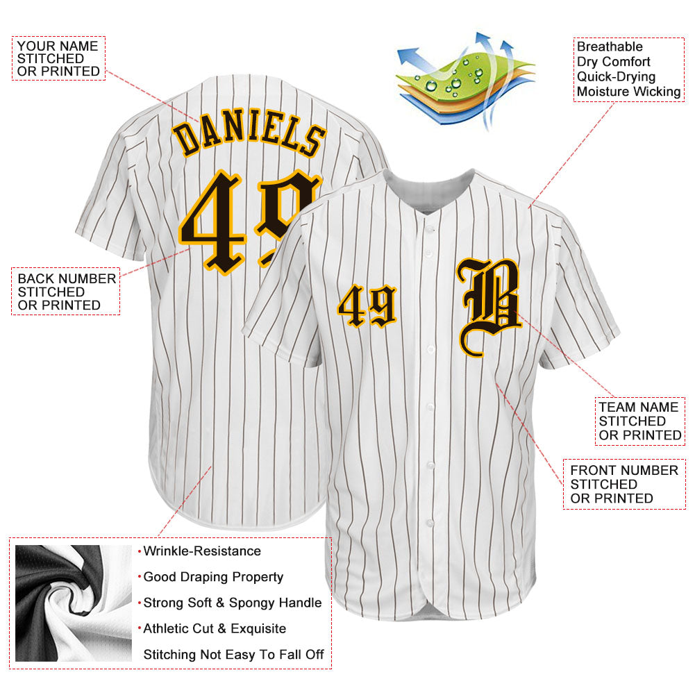 Custom White Brown Pinstripe Brown-Gold Authentic Baseball Jersey - Sky-Custom