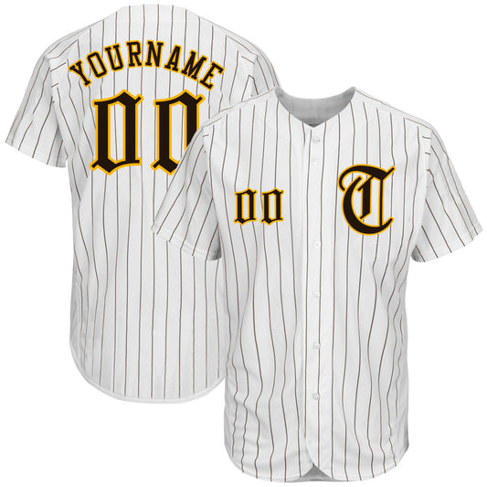Custom White Brown Pinstripe Brown-Gold Authentic Baseball Jersey - Sky-Custom