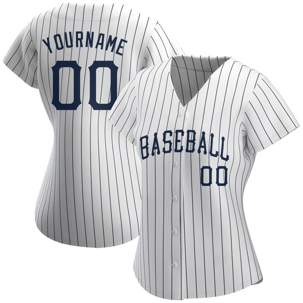 Custom White Navy Pinstripe Navy Authentic Baseball Jersey - Sky-Custom