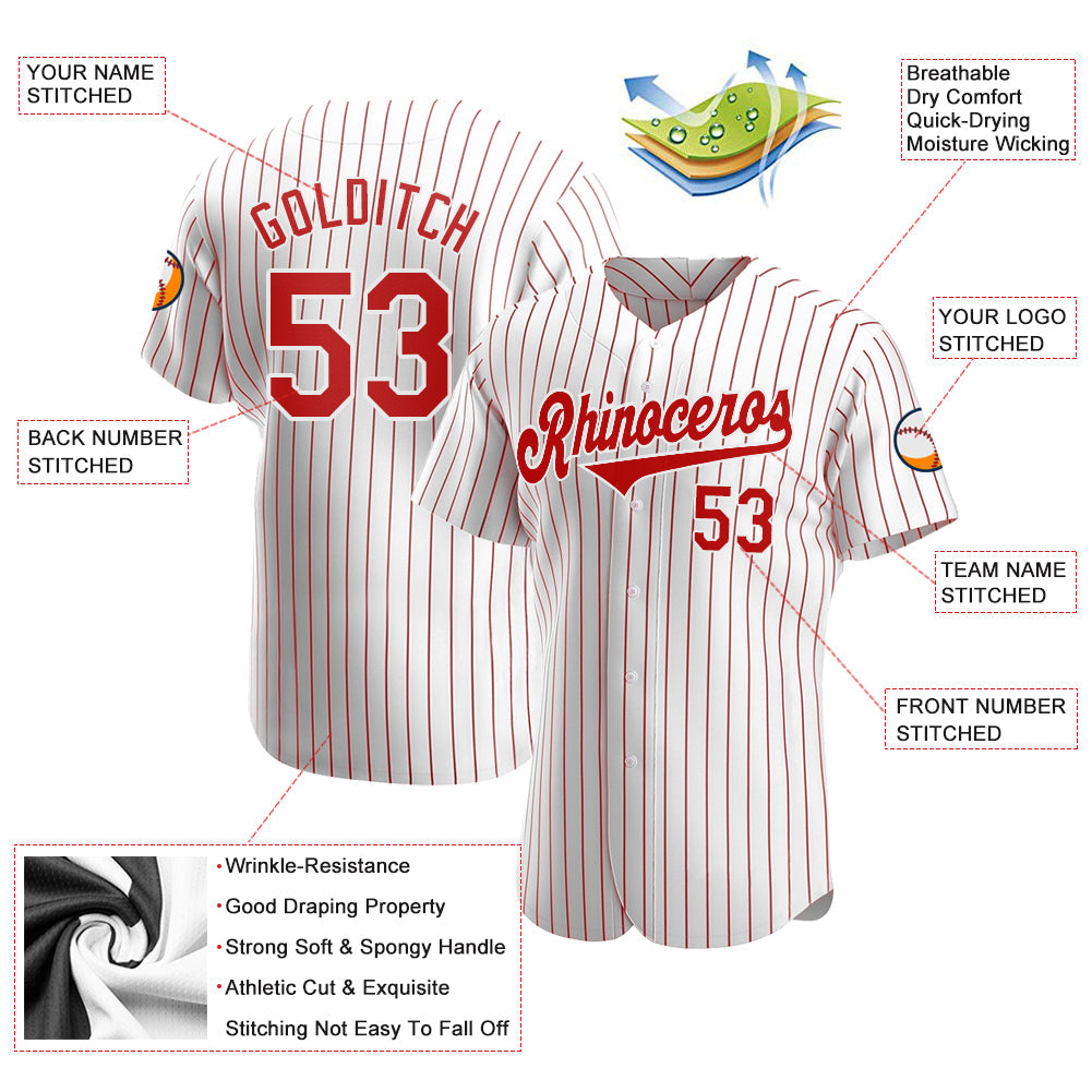 Custom White Red Pinstripe Red-White Authentic Baseball Jersey - Sky-Custom