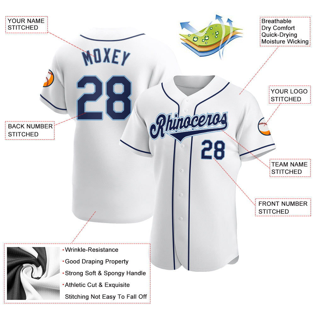 Custom White Navy-Powder Blue Authentic Baseball Jersey - Sky-Custom