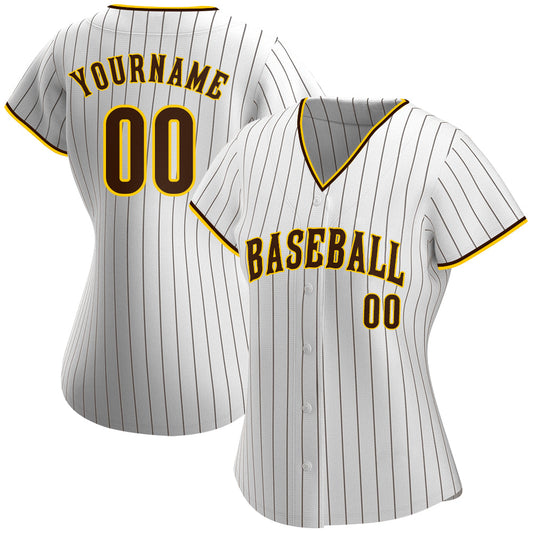 Custom White Brown Pinstripe Brown-Gold Authentic Baseball Jersey - Sky-Custom
