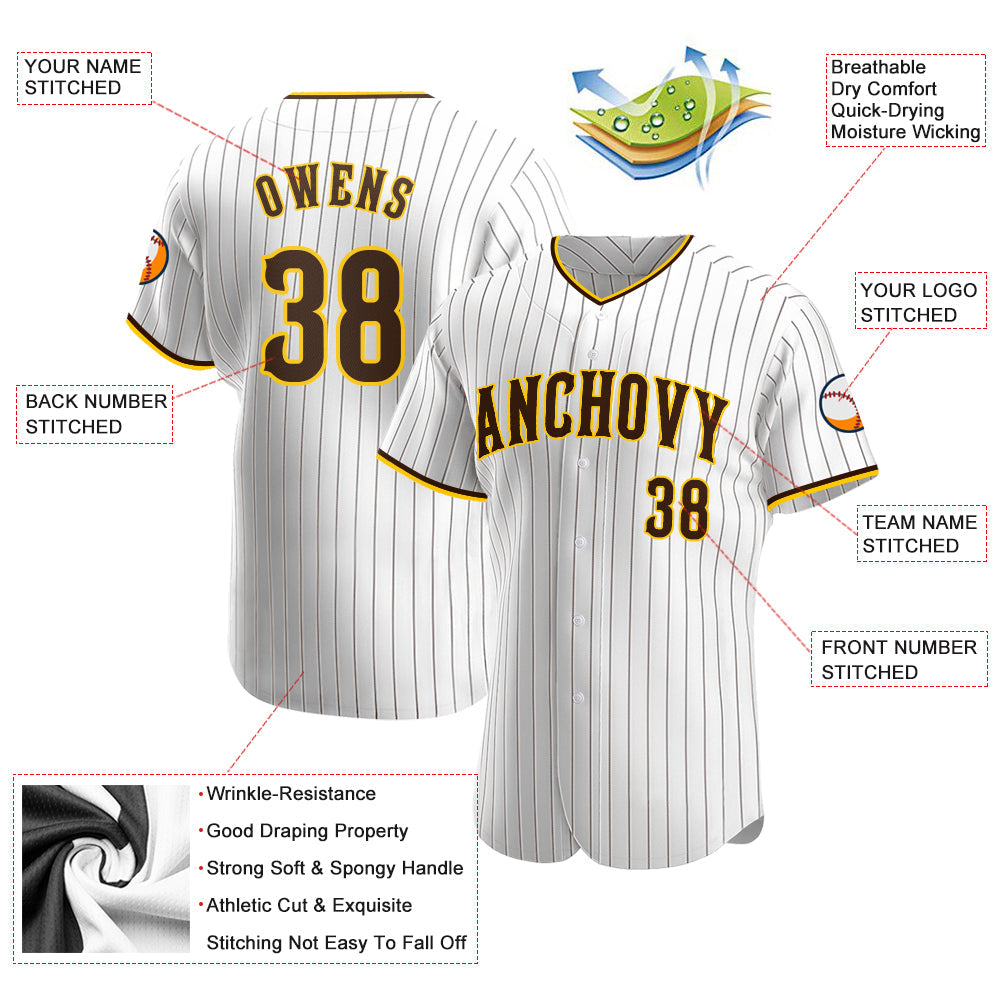 Custom White Brown Pinstripe Brown-Gold Authentic Baseball Jersey - Sky-Custom