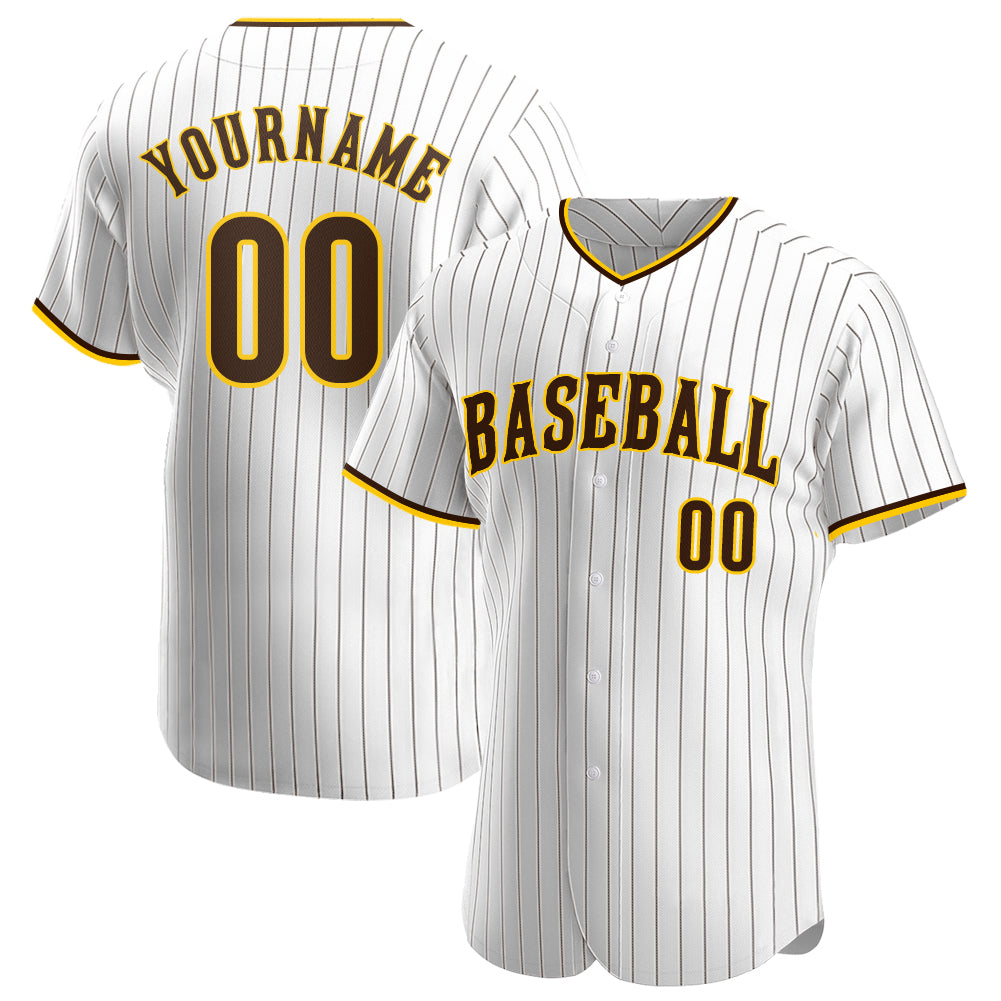Custom White Brown Pinstripe Brown-Gold Authentic Baseball Jersey - Sky-Custom