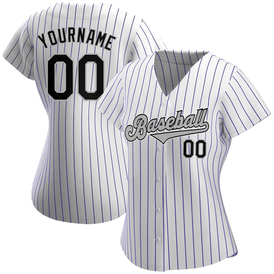Custom White Purple Pinstripe Black-Gray Authentic Baseball Jersey - Sky-Custom