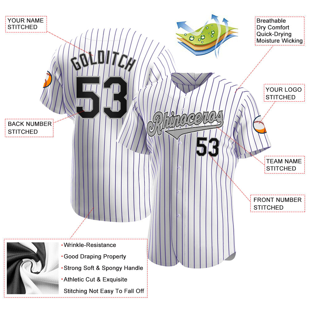 Custom White Purple Pinstripe Black-Gray Authentic Baseball Jersey - Sky-Custom