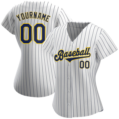 Custom White Navy Pinstripe Navy-Gold Authentic Baseball Jersey - Sky-Custom