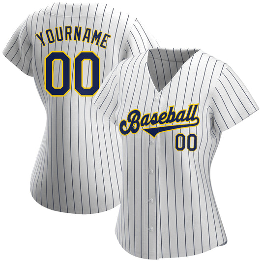 Custom White Navy Pinstripe Navy-Gold Authentic Baseball Jersey - Sky-Custom