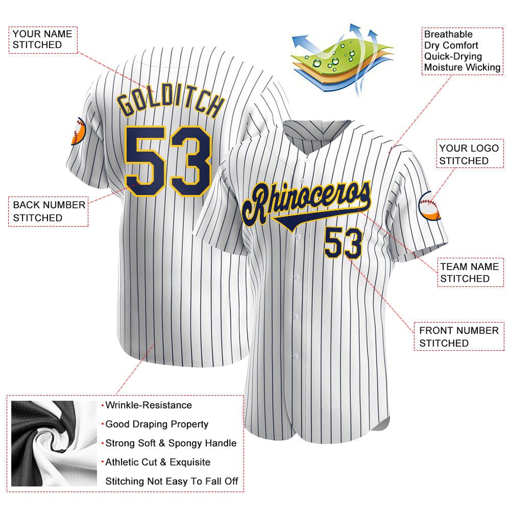 Custom White Navy Pinstripe Navy-Gold Authentic Baseball Jersey - Sky-Custom