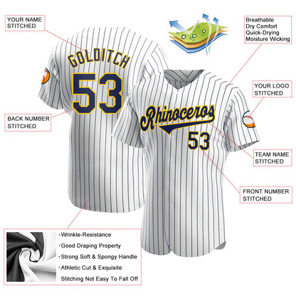 Custom White Navy Pinstripe Navy-Gold Authentic Baseball Jersey - Sky-Custom