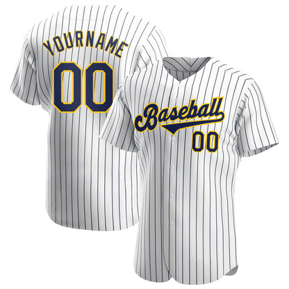 Custom White Navy Pinstripe Navy-Gold Authentic Baseball Jersey - Sky-Custom