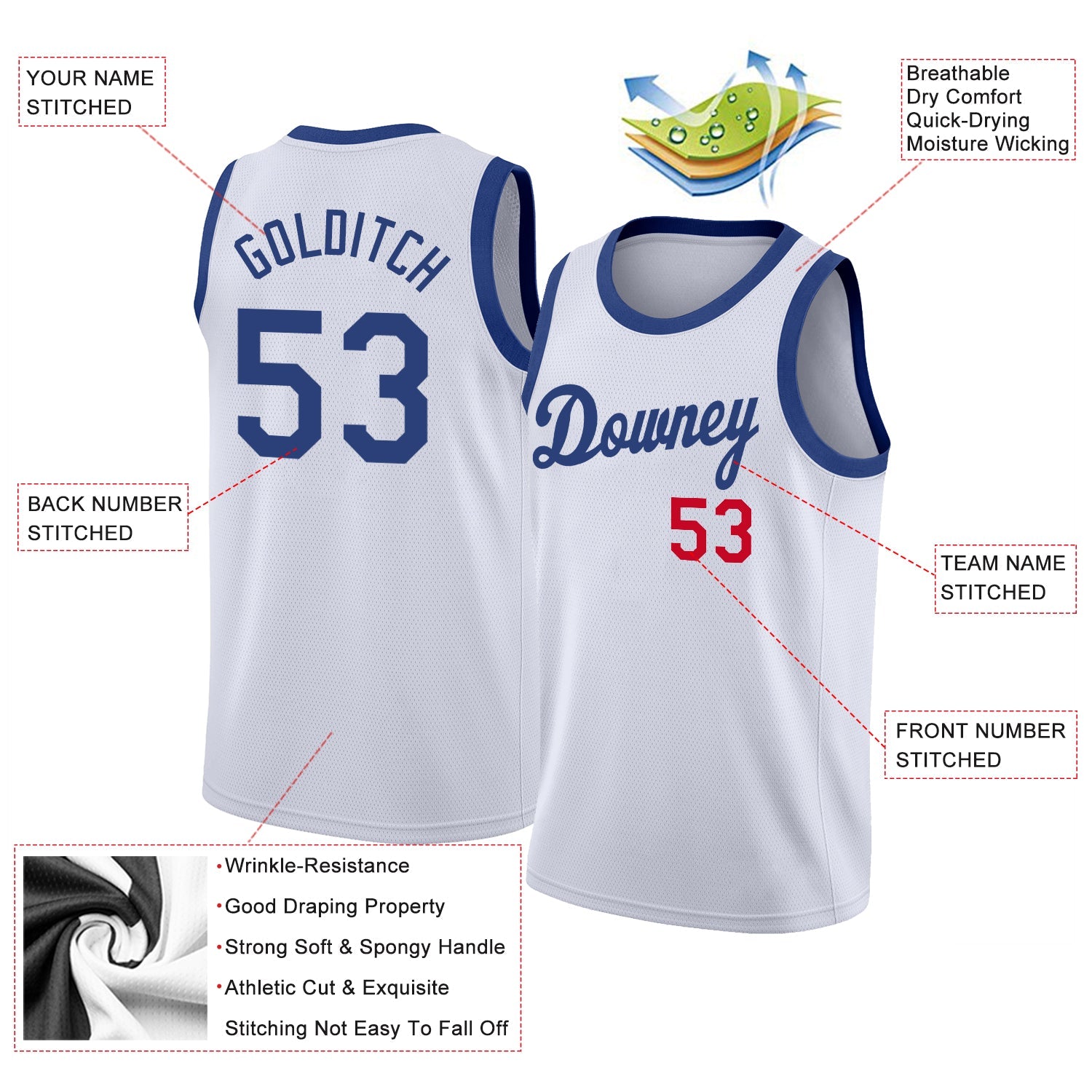 Custom White Royal-Red Round Neck Rib-Knit Basketball Jersey - Sky-Custom