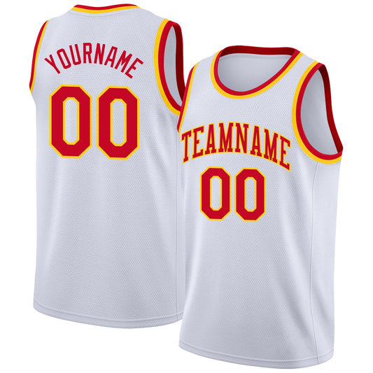 Custom White Red-Gold Round Neck Rib-Knit Basketball Jersey - Sky-Custom