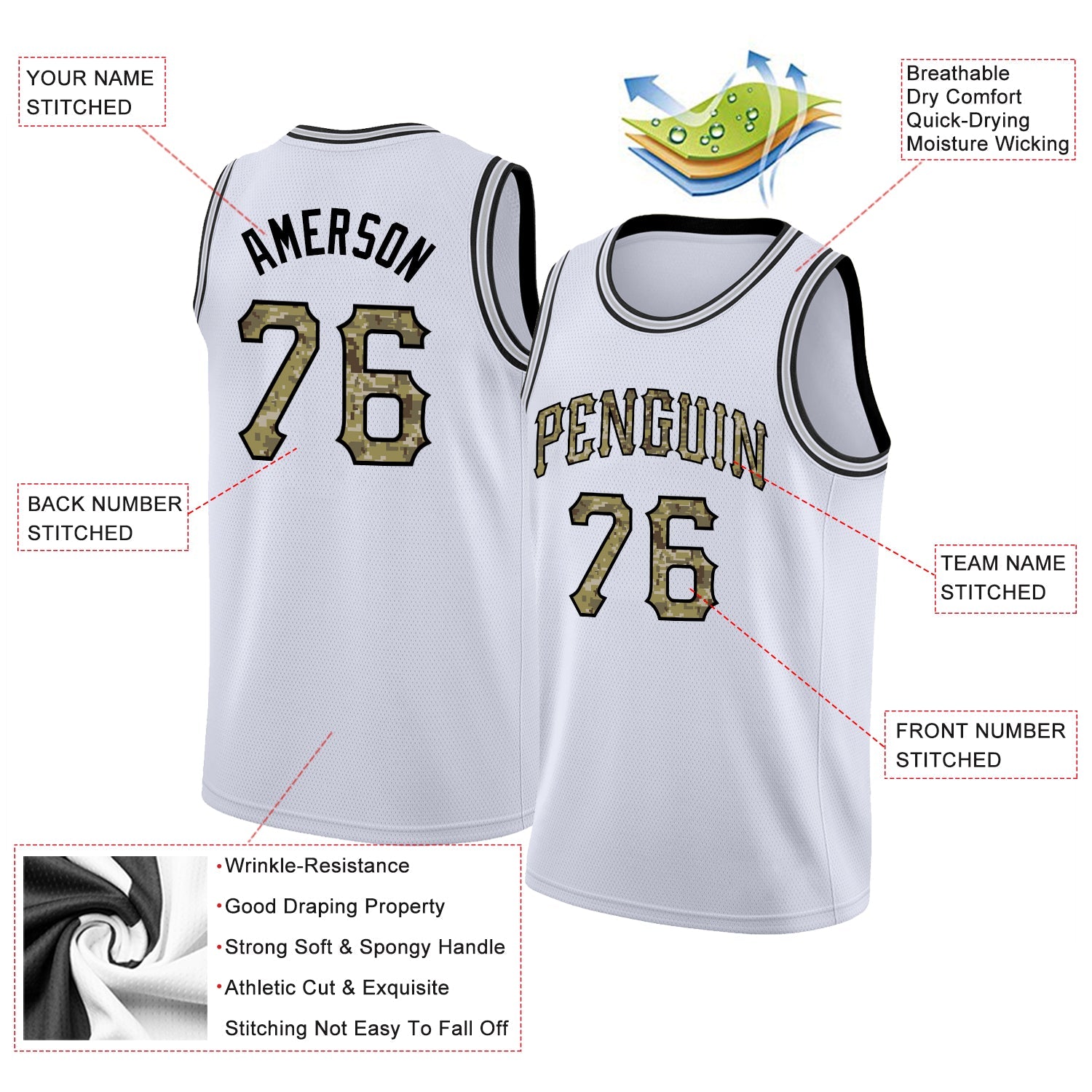 Custom White Camo-Black Round Neck Rib-Knit Basketball Jersey - Sky-Custom