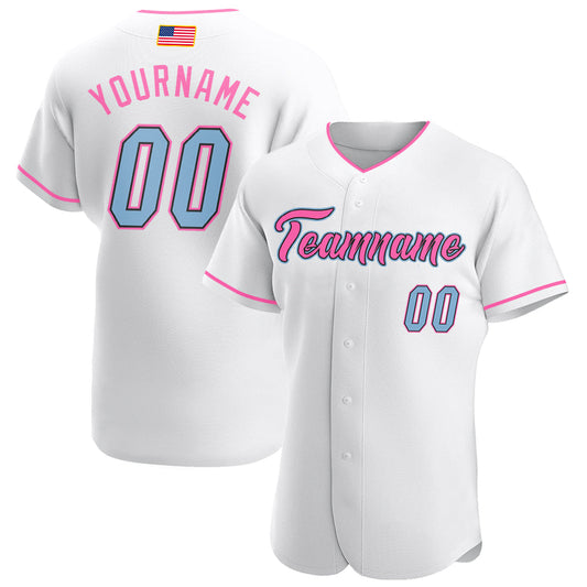Custom White Light Blue-Pink Authentic American Flag Fashion Baseball Jersey - Sky-Custom
